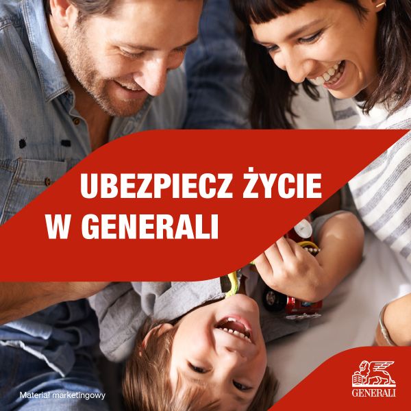 Szczęśliwa rodzina bawiąca się wspólnie. Napis na czerwonym tle "Ubezpiecz życie w Generali"